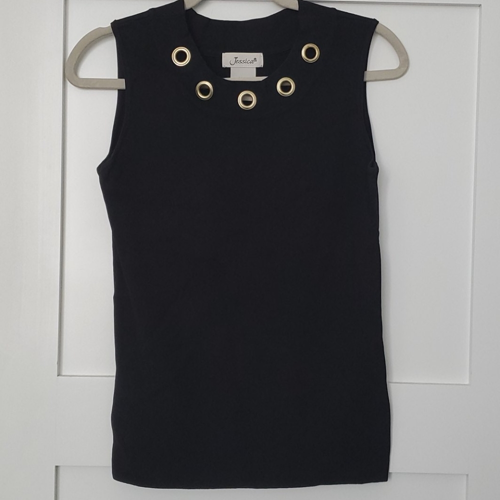 Black Jessica sleeveless top with gold accents